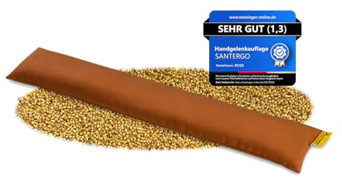 SANTERGO Handgelenkauflage für die Tastatur - ergonomische Handballenauflage aus Bio-Hirsespreu, Anti-Sehnenscheidenprobleme für Laptop & Computer, Wirst Rest in Cognac Farben