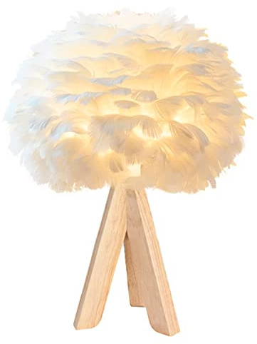 GUANSHAN Weiße Feder Tischlampe Nachttischlampe mit Holzständer Licht Luxus Feder dekorative Lampe Nachtlicht Feder Lampenschirm Licht für Schlafzimmer, Wohnzimmer