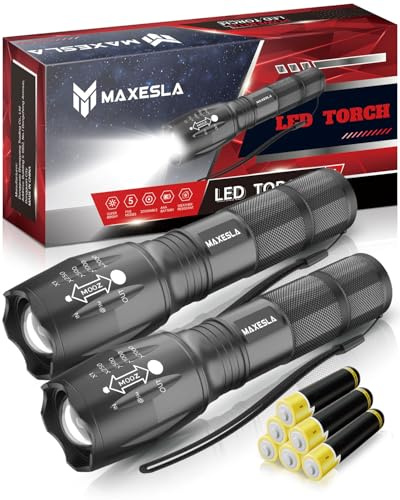 Maxesla LED Torch 2000 Lumens, Zoomable Torches Led Super Bright Flashlight, Powerful Torches Battery Powered Water Resistant 5 Modes Mini Tactical Torch,Camping, 2 Pack, 6 x AAA Batteries Included