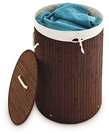 3 x Wäschekorb Bambus, faltbare Wäschetonne mit Deckel, Volumen 70 Liter, Wäschesack Baumwolle, rund Ø 41 cm, braun
