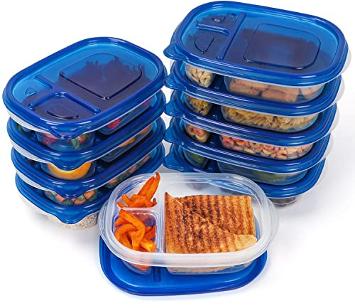 FRESHLY CONTAINED Set Contenitori per Alimenti in Plastica a 3 Scomparti con Coperchi (10 pz) - Contenitori Ermetici per Alimenti Senza BPA da 780 ml, Adatti per Microonde, Congelatore, Lavastoviglie