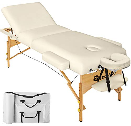 tectake® Mobile Massageliege klappbar, mit 3 Zonen, Massagetisch mit 7,5cm Polsterung, höhenverstellbar, Kopf- und Armstütze, Massagebank mit Holzfüßen, Tragetasche - beige