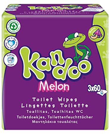 Kandoo - Toallitas de melón húmedas, desechables, aptas para niños, suavidad extrema, 3 paquetes de 60 toallitas, melón verde, 180 unidades