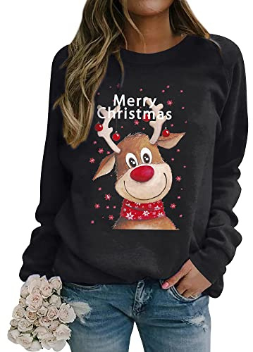 Dresswel Jultröja dam god jul sweatshirt rolig Rudolph rentryck bomull jul jul jul tröja jultröja tonåring flickor, 1-Svart, L