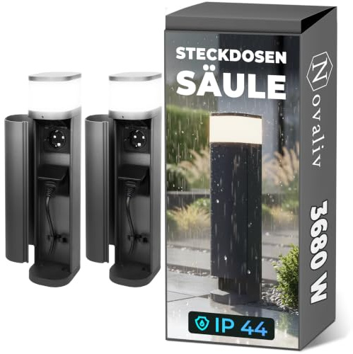 Novatool 2x Borne lumineuse extérieure avec prise 2 entrées Anthracite ronde avec cache IP44 Prise de jardin Prise extérieure Colonne de prise de jardin Tour de prise de jardin