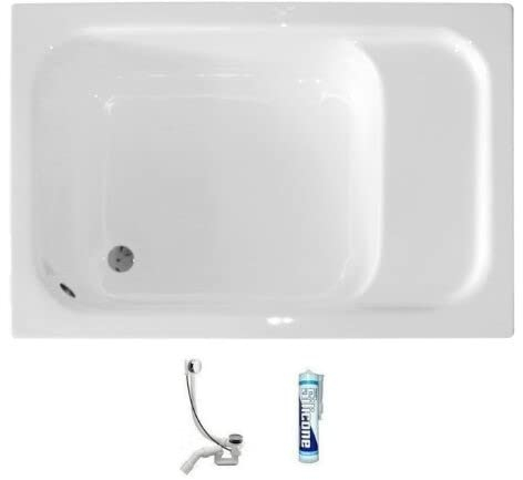 ECOLAM® Duschwanne Rechteck Rony Polimat 120x80 cm Acryl weiß tief mit Sitz Ab- und Überlaufgarnitur Silikon