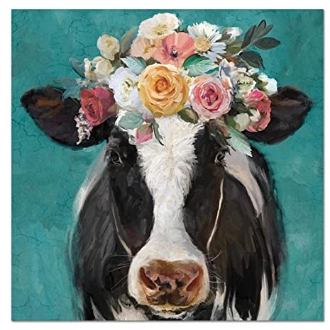QITEX Wandbilder Modern Abstrakt Tier Bilder Kuh mit Blumen auf dem Kopf poster & kunstdrucke Leinwand Gemälde Wand Bilder Bilder für Wohnzimmer Dekor 50x50cm (Ungerahmt)