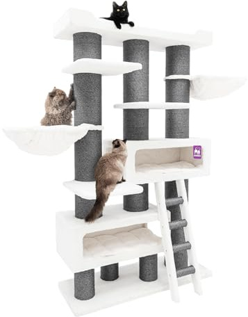 Petrebels XXL Kratzbaum Maine Coon Dicke Stämme, Siberian 200 cm, Off-White | extrem stabil, 2 Meter hoch, für schwere und große Katzen, Ø 20 cm Stamm, mit Hängematten, Schlafhöhlen & dicke Bodenplatte