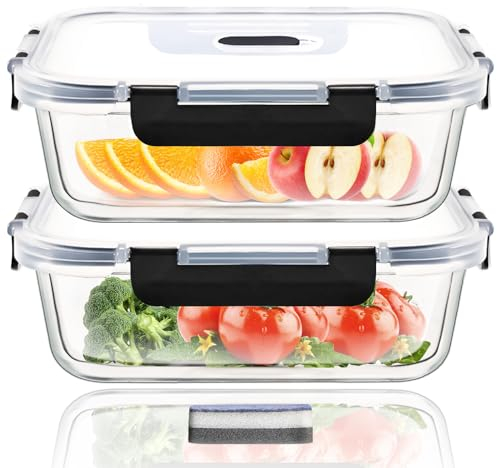 Hcrvvi Food Storage Containers - Food Containers 2 Pcs, with Upgraded Snap Locking Lids, Airtight Glass Containers Set, Meal Prep Reusable with Lids 1040ml, BPA Free
