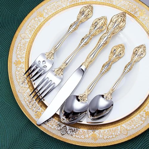 Couverts en Acier Inoxydable, Ensemble de Couverts, Couteau, Fourchette, cuillère, Poli Miroir, fourchettes à dîner, Service d'argenterie de Luxe doré, 5 pièces