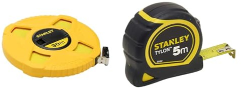 Stanley 0-34-297 Mètre À Ruban Fibre De Verre 30 M Jaune Fluo - Revêtement Pvc & 0-30-697 mesure Tylon 5m x 19mm - Boitier Ergonomique Bi matière - Ruban en Acier Laqué - Crochet 2 Rivets
