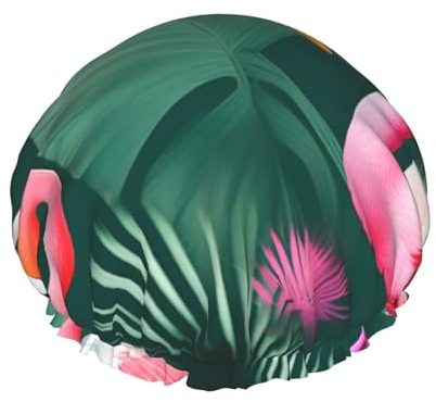 Palmblatt- und Flamingo-Paar-Duschhaube, wasserdichte Badekappen, wiederverwendbare Duschkappen, Band, Badehaarmut für Frauen und Damen