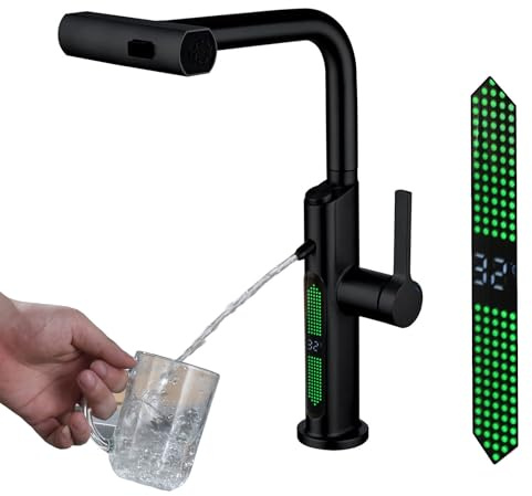 3 Wege Wasserhahn Küche, LED-Digitalanzeige, 4 in 1 Mischbatterie für Wasserfilter, 360° Drehbar Wasserfall Küchenarmatur Ausziehbar, Trinkwasserhahn Einzelgriff, Dauerhaft (Schwarz)