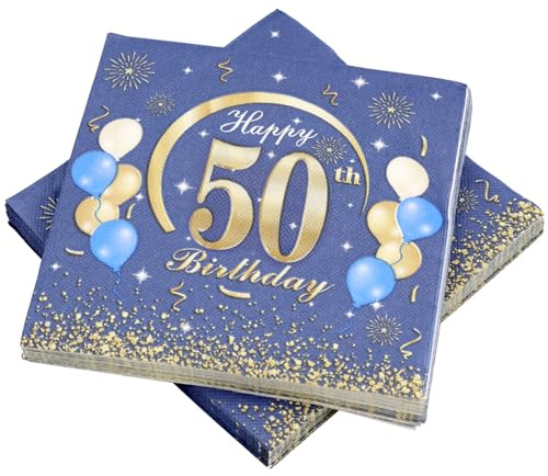 KASURE 50 Stück Deko 50 Geburtstag Junge Servietten Mit Happy Birthday Konfetti, 33x33cm 50 Geburtstagsdeko Servietten für Geburtstagsfeier, Blau & Gold Mädchen Junge Jubiläum (50 Geburtstag)