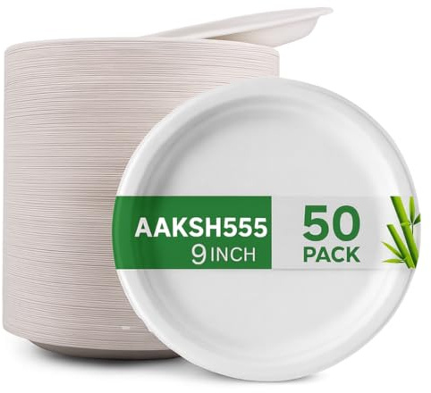 PACK OF 50, STRONG DISPOSABLE PLATES 9 / 23cm USED FOR HOT & COLD FOODS Party Lunch Dinner Plates Super Rigid Biodegradable Ecofriendly Plates Large Disposable Party Plates for Home Office Christmas