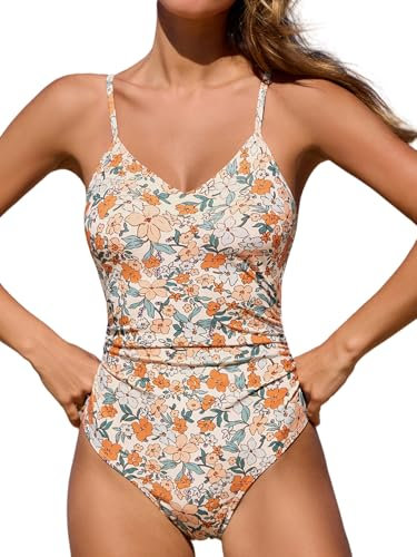 CUPSHE Traje de baño de una pieza para mujer, con cuello en V, control de abdomen, correas ajustables, anillo en O, Beige/floral, XL