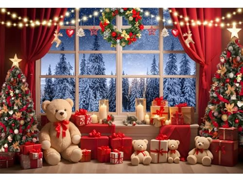 Ttincceer 2.5x1.8m Toile de Fond Photo de noël Hiver forêt Neige Luxe Arbre de noël Photographie Fond Rideau Rouge Couronne de pin Nouvel an Famille fête décors Adulte Portrait Photo Accessoire