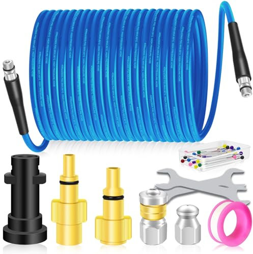 15M Pressure Washer Drain Pipe Sewer Blockage Hose Cleaning Kit with Jet Nozzle and Rotating Jet Nozzle for Karcher K2-K7 Series,3 Adapters Replacement for Bosch, Lavor Pressure Washer (B - Blue)