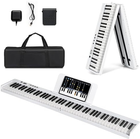 KOMFOTTEU Digitales Piano 88 Tastatur, Elektroklavier Faltbar, elektronisches Klavier, Digitale Keyboard tragbar mit Sustain-Pedal, 20 Demos/ 128 Rhythmen Digitalpiano Set (Weiß)