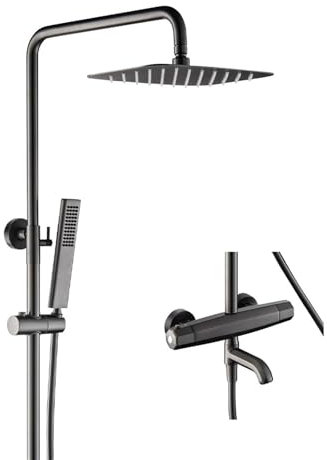 Grifo mezclador desviador de bañera termostático de tres funciones de latón gris, cabezal de ducha de mano multifunción, grifo de baño(81166-H1-Gun gray)