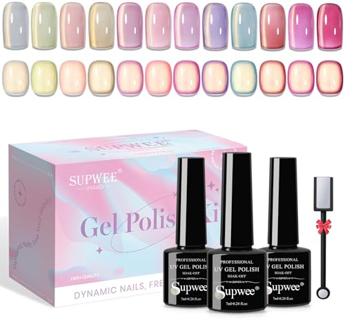 SUPWEE Cat Eye UV Gel Nagellack Set - 12 Farben Nude Rosa UV Nagellack Cat Eye mit Magnet Soak-Off Nagel Set Katzenauge Glitzer Magnetic DIY Nail Art Maniküre Salon