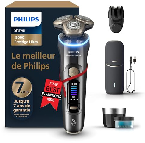 Philips Rasoir i9000 Prestige Ultra, rasoir électrique 100% étanche, technologie Skin IQ Pro, système Triple Lift & Cut, lames de précision NanoTech rotatives à 360°, 5 modes de rasage, XP9402/46