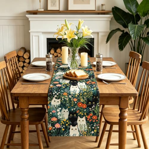 LOZULO Modern Schwarze Katze Frühling Tischläufer,Sommer Saisonnal Küche Tisch Dekoration Drinnen Urlaub Party Dekor,Tischläufer Outdoor Abdichtung Table Runner 40x140 cm