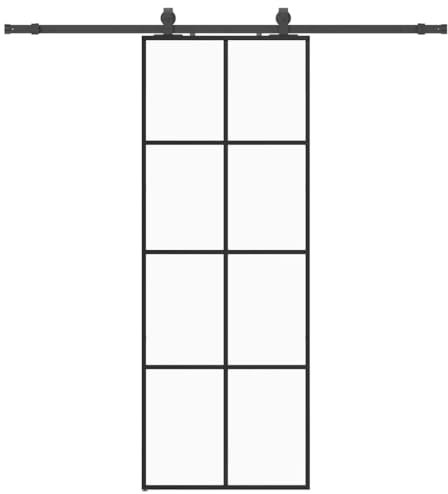 vidaXL Schiebetür mit Beschlag Schwarz 76x205 cm ESG-Glas, Innentür, Scheunentür, moderne Scheunentür, Innenschiebetür, Innenscheunentür