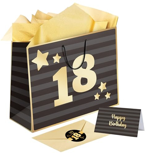 Sumerk Großes Geschenktüten-Set, Geschenktüte zum 18. Geburtstag, 3 Stück goldenes Seidenpapier, 2 Stück Aufkleber zum 18., Geburtstagskarte mit Umschlag