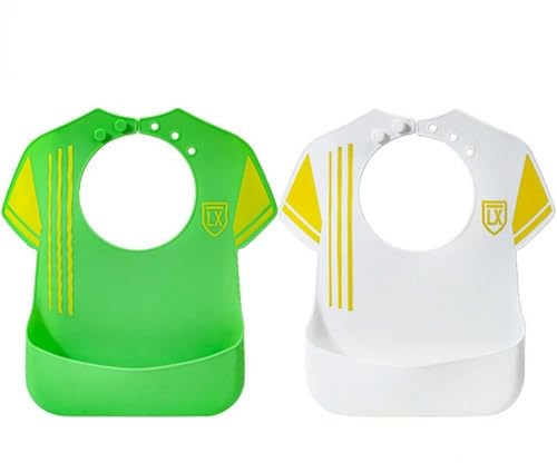 ROCKYSHOP Bavaglino in Silicone Design Maglia da Calcio, Set da 2, Verde e Bianco, con Tasca Raccogli Cibo