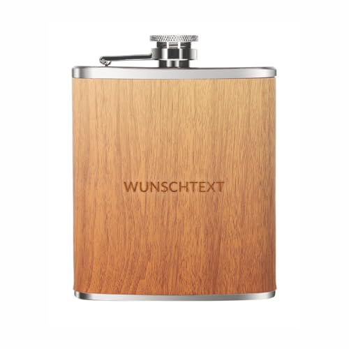Personalisierter Flachmann mit Gravur - 207 ml Edelstahl-Flachmann in Holzoptik – Geschenk für Männer und Frauen – Ideales Schnapsgeschenk (Wunschtext)