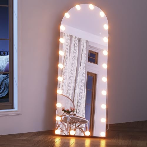 SONNI Bogen Ganzkörperspiegel mit Beleuchtung 160x60 cm, 3 Farblicht dimmbar + Steckdose + Wandmontage/Standfuß (kippsicher) - Weißer Alurahmen LED Standspiegel für Schlafzimmer