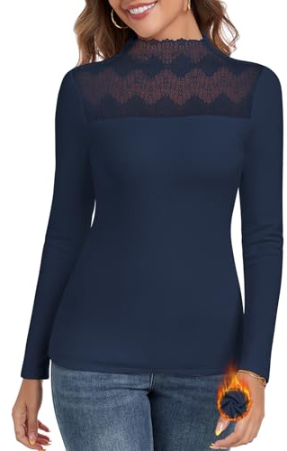 WOWENY Maglia termica da donna a maniche lunghe, top caldi in pizzo, pullover, maglia termica da donna, maglia funzionale, pullover a collo alto, canottiera invernale, Blu scuro, M