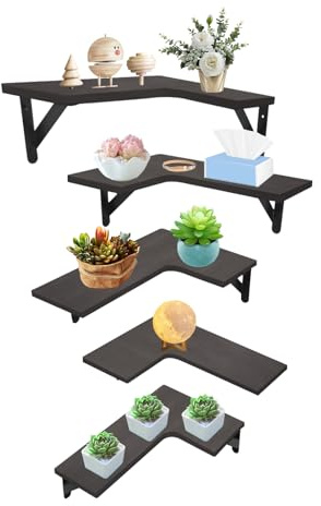 TkkMivcOC Eckregal Hängend, L-Förmiges Schweberegal aus Holz, Industrie-Design Regal Wand für Schlafzimmer Wohnzimmer Küche Büro, 5 Stück im Set, Tragfähigkeit Max. 10kg (Schwarz)
