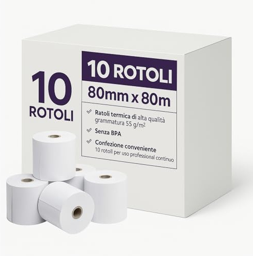 Rotoli Carta Termica 80 mm x 80 m, 55 g/m², Senza BPA, Confezione da 10, Compatibili con POS, Registratori di Cassa, Lettori Carte e Stampanti Termiche, Ricevute, Scontrini, Rotolini