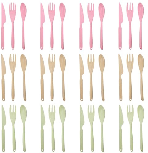DIYJEP 36Pcs Large Reusable Plastic Cutlery Set for 12（Pink, Green, Beige） | Coloured Cutlery Set, Knives Forks Spoons, Washable Party Cutlery for Camping Party Travel School Work Picnic Daily Use