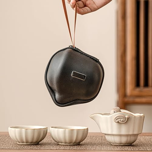Service à thé de Voyage Portable en céramique, Fait à la Main, 1 théière avec poignée, 2 Tasses et Un Sac de Voyage, idéal pour Les Voyages, Les Pique-niques, l