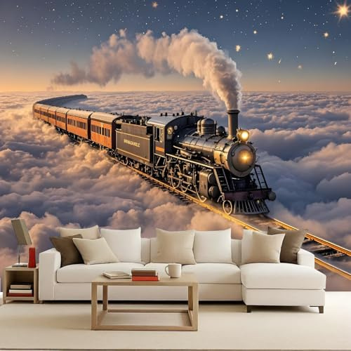 Générique Papier Peint Intissé Photo Mural 350x256 cm 3D Rétro Train Prairie Paysage Motif Muraux Geant Mat Poster Personnalisable Wallpaper pour Salon Cuisines Bureau Chambre d'enfants Décor Murale