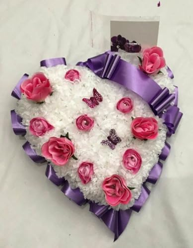 Silky Bouquets Rose & Butterfly Scatter Heart Funeral Tribute – 14 Heart with Silk Carnations, Roses & Butterflies | Personalized Memorial Tribute with Sash & Message Card