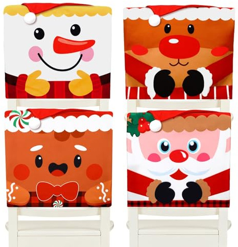 BOARDFEB Weihnachtsstuhlhussen, 4er Set Stuhlhussen Weihnachten Abnehmbare Weihnachts Stuhlhussen Rot Weihnachtsmann Stuhlbezug Weihnachten Weihnachtliche Stuhlhussen für Küchen Esszimmer Büro Deko