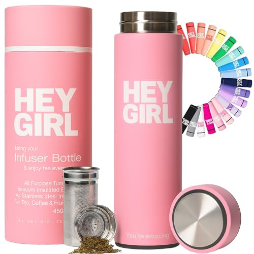 Hey Girl Tea Infuser Bottle 450ml - Insulated Stainless Steel Water Bottle - Tea Tumbler with Tea Diffuser - Portable Travel Mug for Loose Leaf Tea & Infused Water - Tea Lovers Gifts for Women (Pink)