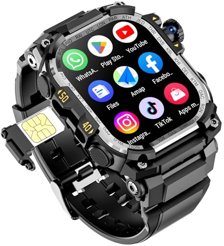 4G SIM Karte Android Smartwatch mit GPS & WLAN, Outdoor-Uhr für Männer im Militärstil, App zum Herunterladen, 2,06 AMOLED für Video-Chats, HD-Kamera mit 180°-Drehbarkeit, Aktivitätstracker (schwarz 1