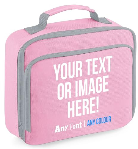 Purple Print House Personalised Lunch Bag Kids Any Text Image Colour Back to School Lunch Cooler Box Boy Girl, 24cm x 20cm x 8cm, Light Pink