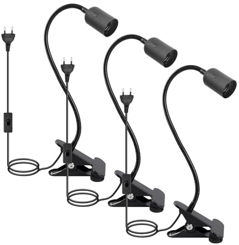 3 Pièces Lampe à Pince E27, Lampe Pince pour Lit avec Interrupteur et 120cm Cable, 360°Flexible Col de Cygne Douille E27 avec Pince, Base de Lampe de Table à LED pour la Lecture sur le Bureau Reptiles