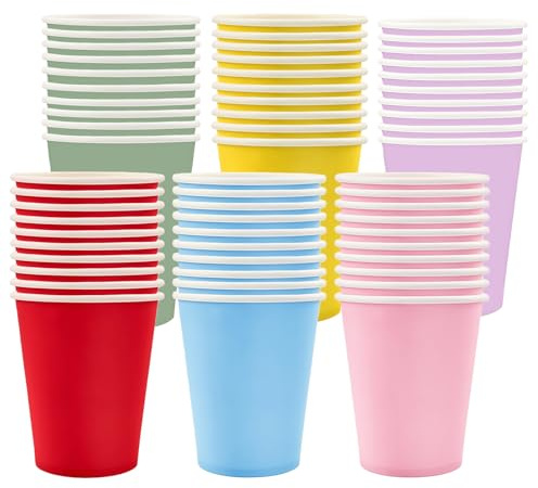 ATBEAMEN 60 Pack Coloured Paper Cups 9oz, Rainbow Disposable Party Cups, Multicolour Drinking Cups for Birthday, Picnic, Baby Shower, Wedding, Christmas & DIY Party Supplies