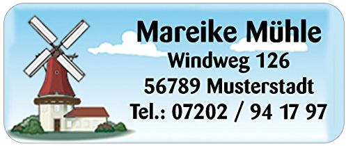 Adress-Etiketten - Adress-Aufkleber Mühle mit Ihrem Wunschtext, 160 Stück, ca. 56 x 23 mm, für 1 bis 5 Zeilen Text | Wunschtext nach der Bestellung per Mail mitteilen