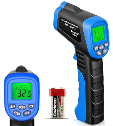HoldPeak 981C Non-Contact Digital Infrared Thermometer Temperature Gun Instant-read (-50℃ to 550℃)/9V Battery Included/0.1-1.0 Adjustable Emissivity/Alarm Set
