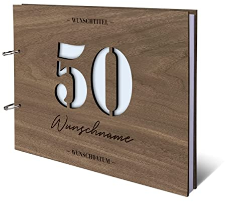 Individuelles Gästebuch zum 50. Geburtstag – Echtes Holz mit Persönlicher Gravur, Zahl ausgestanzt – hochwertige 72 Blatt / 144 Naturpapier Seiten, DIN A4 Quer – Ideal für bleibende Erinnerungen