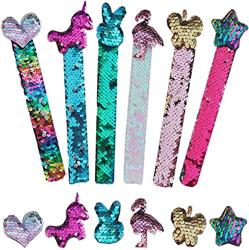 LINKLKBOY Sirena Pulsera,Magic Pulseras Palmada Lentejuela Juguetes22cm x 2.7cm,con Cómodo Forro,Pulseras Slap de Sirena Reversible con Lentejuelas Surtidas para Fiesta y Festival-6 Piezas