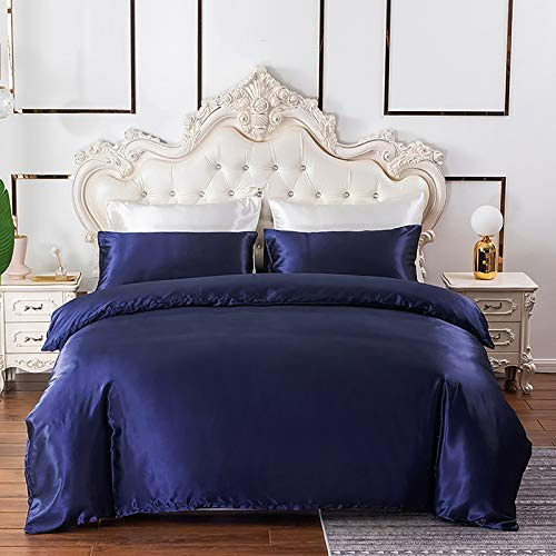 W&X Doux Léger Respirant Quilt Cover Réversible Ensemble De Literie 2 Taies d'oreiller,Qualité De L'hôtel Satin Couverture De Couette,Solid Color Soie Parure De Lit-Marine 210x210cm(83x83inch)
